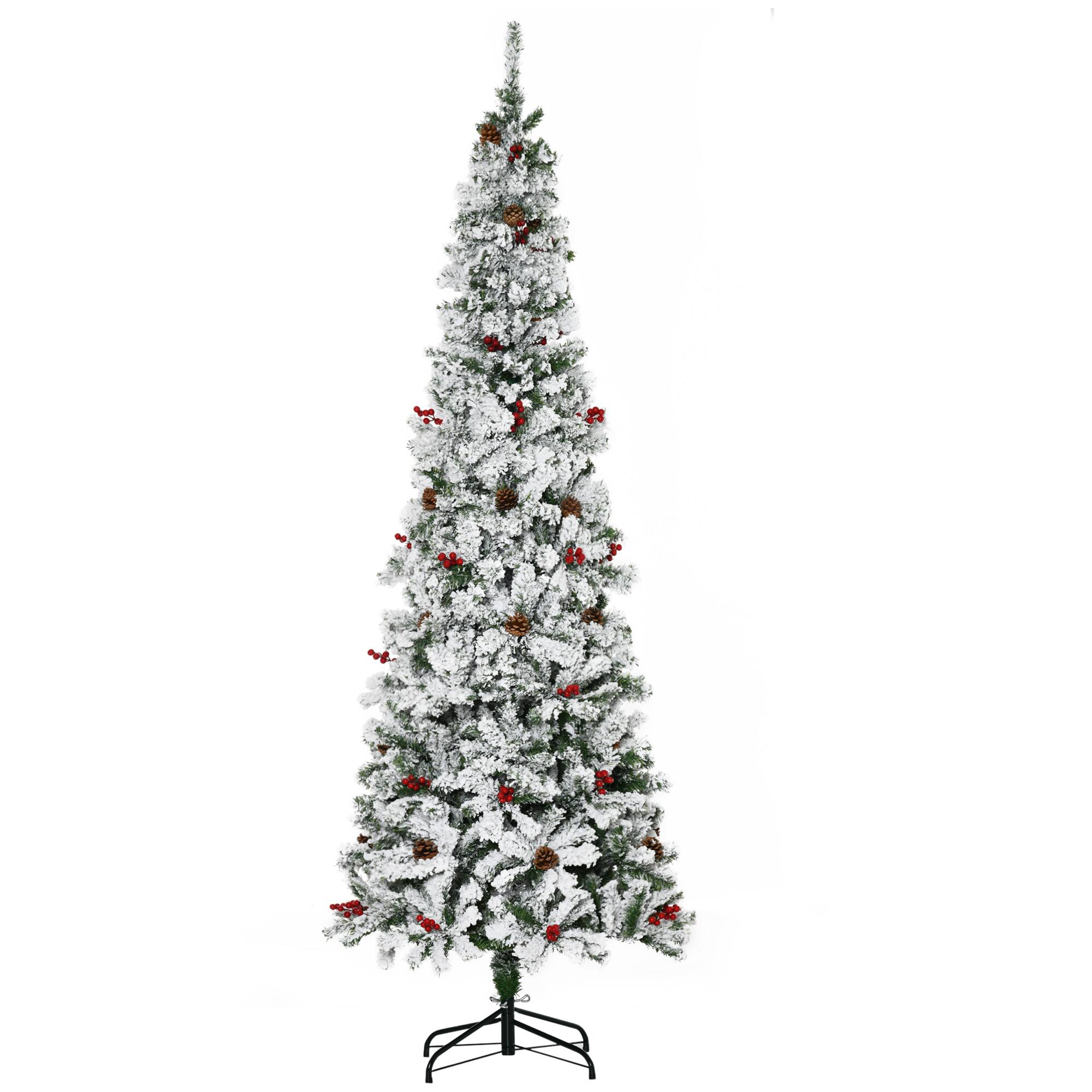 Front. Homcom - Pencil Snow Flocked Artificial Christmas Tree, 600 Pine Branches Berries - Green.