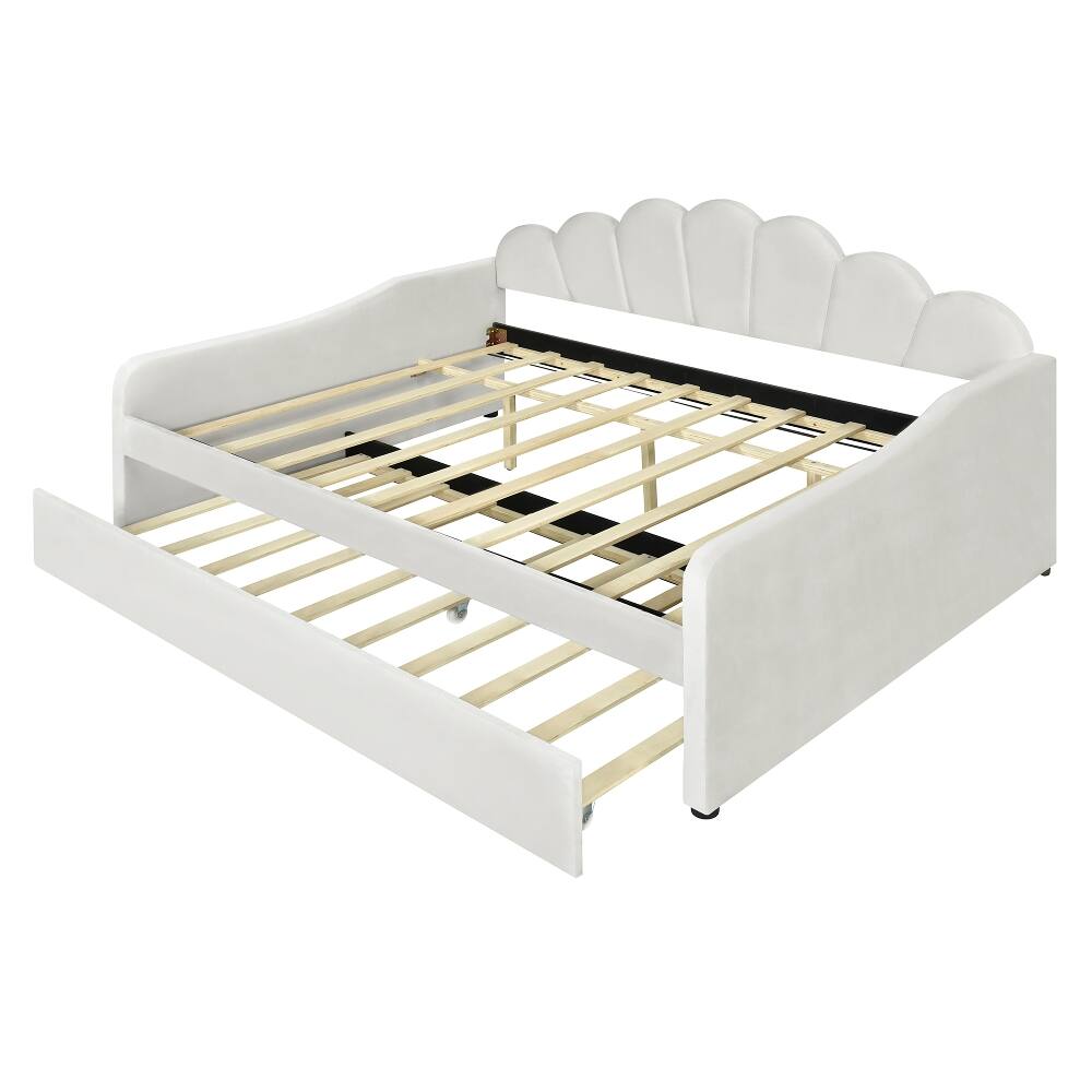Alt View 8. Loheer - Loheer Full Size Upholstered Daybed with Trundle White Velvet Shell Shaped Backrest Sofa Bed - White.
