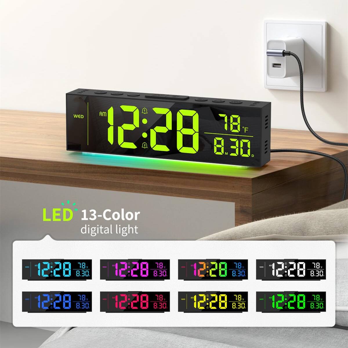 Dazzed Corner Digital Alarm Clock, Auto Dimming Wall Clocks Black