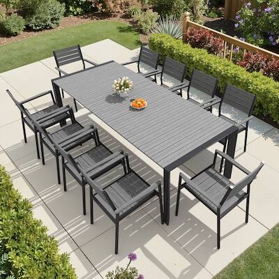 Angle. Crestlive Products - Crestlive Products Large Patio Plastic Wood Top Aluminum Frame Outdoor Dining Table with Umbrella Hole - gray.