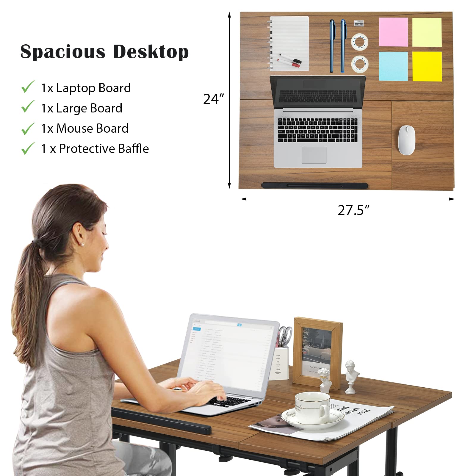 Spacious Desktop  
1x Laptop Board  
1x Large Board  
1x Mouse Board  
1x Protective Baffle  

24"  
27.5"
