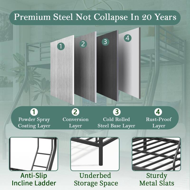 Premium Steel Not Collapse In 20 Years

1. Powder Spray Coating Layer
2. Conversion Layer
3. Cold Rolled Steel Base Layer
4. Rust-Proof Layer

Anti-Slip Incline Ladder
Underbed Storage Space
Sturdy Metal Slats