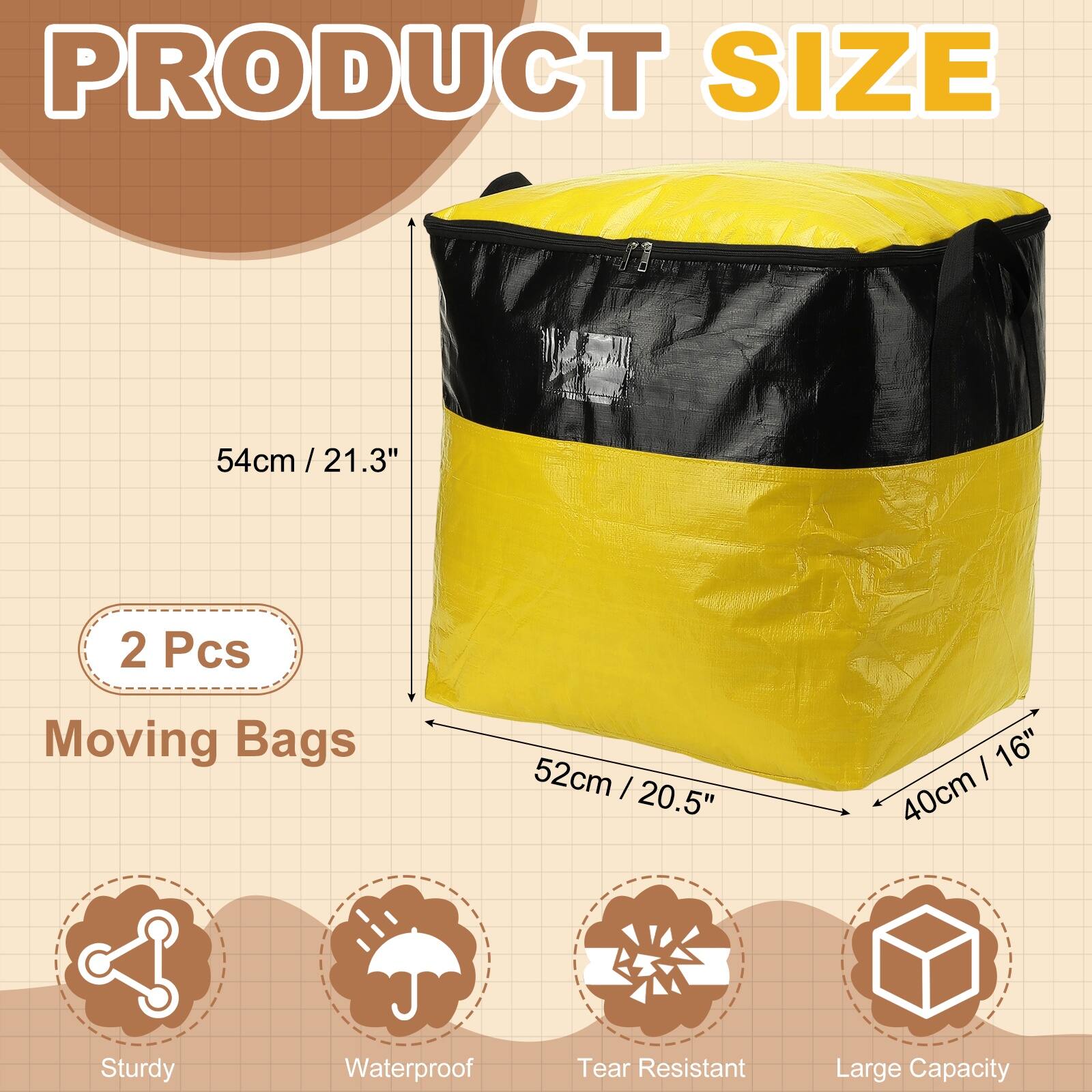 PRODUCT SIZE

54cm / 21.3"  
2 Pcs Moving Bags  
52cm / 20.5"  
40cm / 16"  

Sturdy Waterproof Tear Resistant Large Capacity