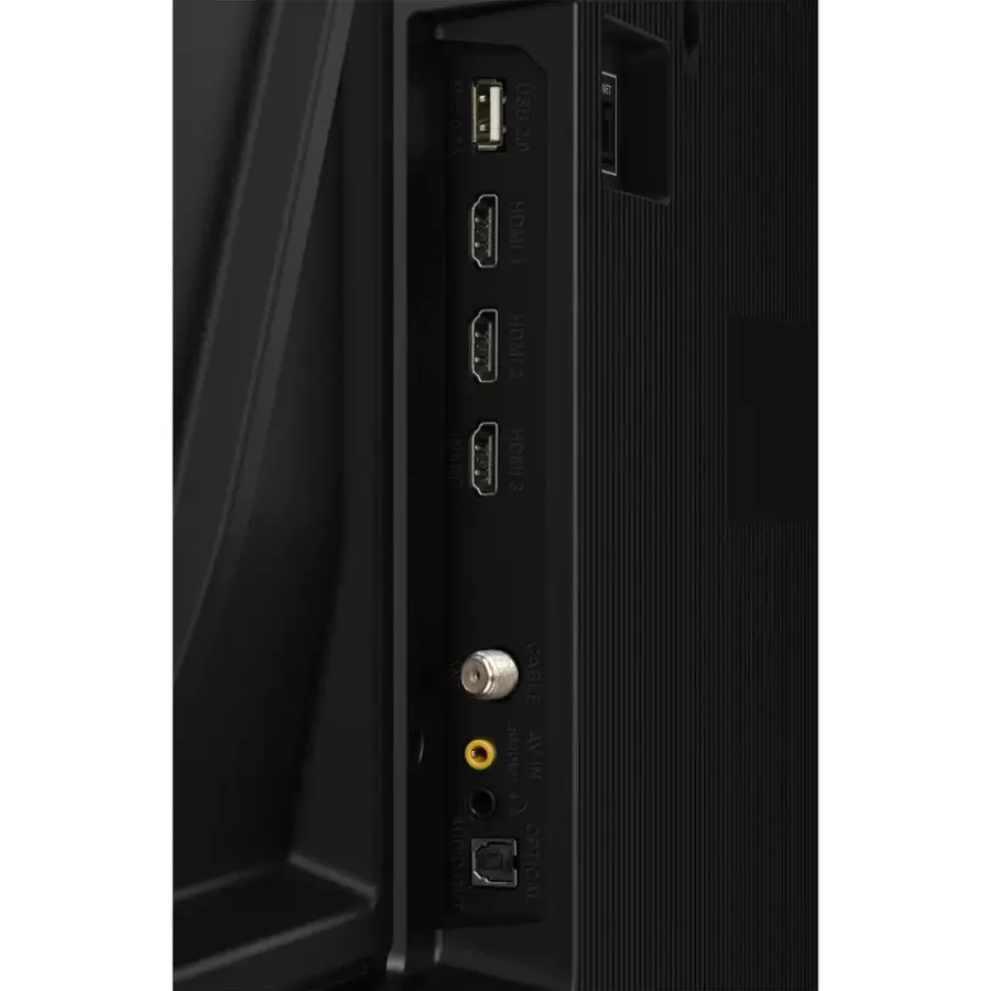 The image shows a back view of a computer monitor with various ports and connections. The ports include USB 2.0, HDMI, and an optical audio out cable adapter. There are three HDMI ports, one on the left side, one in the middle, and one on the right side of the monitor. Additionally, there is an ARC port and an HDMI 2.0 port. The monitor also features an audio out cable adapter and an AV in port.