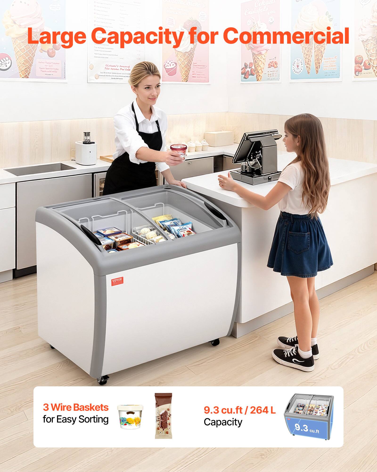 Large Capacity for Commercial

3 Wire Baskets for Easy Sorting

9.3 cu.ft / 264L Capacity