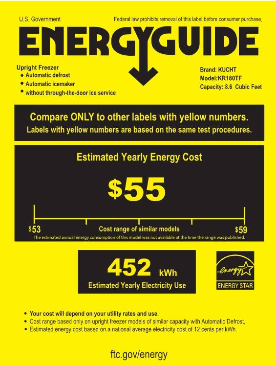 U.S. Government  
Federal law prohibits removal of this label before consumer purchase.

**ENERGYGUIDE**

Upright Freezer  
- Automatic defrost  
- Automatic icemaker  
- without through-the-door ice service

Brand: KUCHT  
Model: KR180TF  
Capacity: 8.6 Cubic Feet

Compare ONLY to other labels with yellow numbers.  
Labels with yellow numbers are based on the same test procedures.

**Estimated Yearly Energy Cost**  
$55

Cost range of similar models  
$53  
$59  
(The estimated annual energy consumption of this model was not available at the time the range was published.)

**452 kWh**  
Estimated Yearly Electricity Use

- Your cost will depend on your utility rates and use.  
- Cost range based only on upright freezer models of similar capacity with Automatic Defrost.  
- Estimated energy cost based on a national average electricity cost of 12 cents per kWh.

ENERGY STAR

ftc.gov/energy