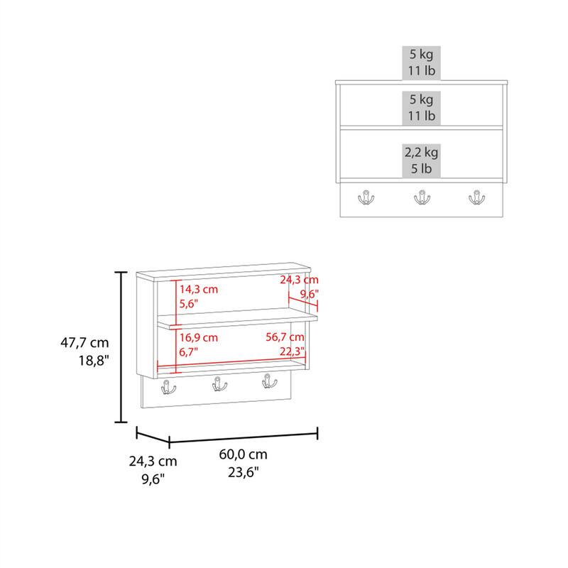 5 kg 11 lb  
5 kg 11 lb  
2,2 kg 5 lb  
14,3 cm 5,6"  
24,3 cm 9,6"  
47,7 cm 18,8"  
16,9 cm 6,7"  
56,7 cm 22,3"  
24,3 cm 9,6"  
60,0 cm 23,6"