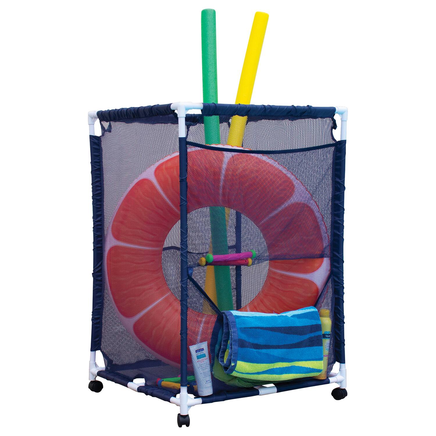 Left. Pool Bins - Pool Storage Mesh Rolling Organizer, Large, 25.4" x 25.4" x 40", PB-M200.