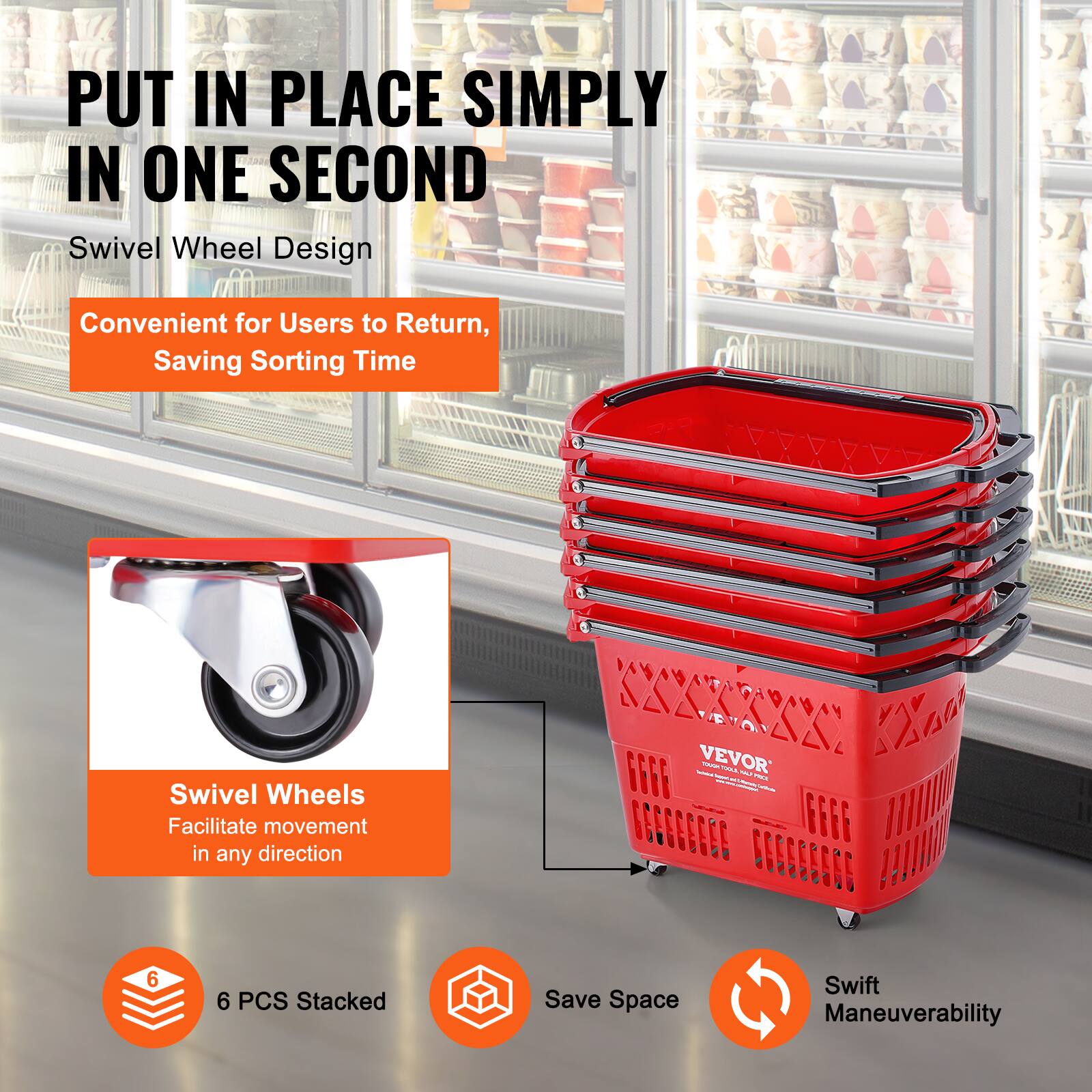 PUT IN PLACE SIMPLY IN ONE SECOND

Swivel Wheel Design

Convenient for Users to Return, Saving Sorting Time

Swivel Wheels
Facilitate movement in any direction

6 PCS Stacked

Save Space

Swift Maneuverability