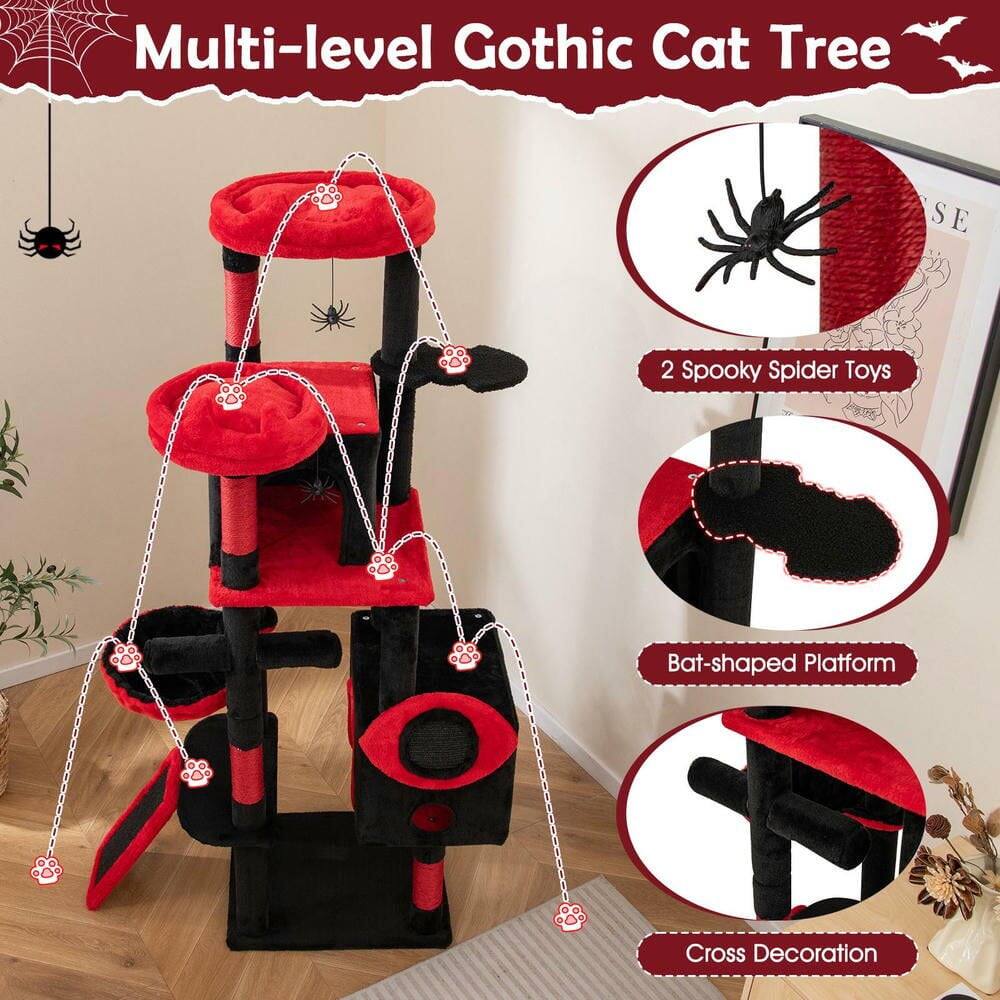 Multi-level Gothic Cat Tree

- 2 Spooky Spider Toys
- Bat-shaped Platform
- Cross Decoration