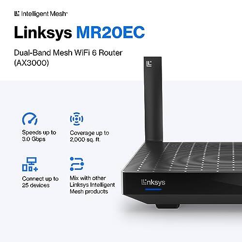 L' Intelligent Mesh Linksys MR20EC Dual-Band Mesh WiFi 6 Router (AX3000)  
Speeds up to 3.0 Gbps  
Coverage up to 2,000 sq. ft.  
Connect up to 25 devices  
Mix with other Linksys Intelligent Mesh products  

Intelligent Mesh  
Linksys MR20EC  
Dual-Band Mesh WiFi 6 Router (AX3000)  
Speeds up to 3.0 Gbps  
Coverage up to 2,000 sq. ft.  
Connect up to 25 devices  
Mix with other Linksys Intelligent Mesh products