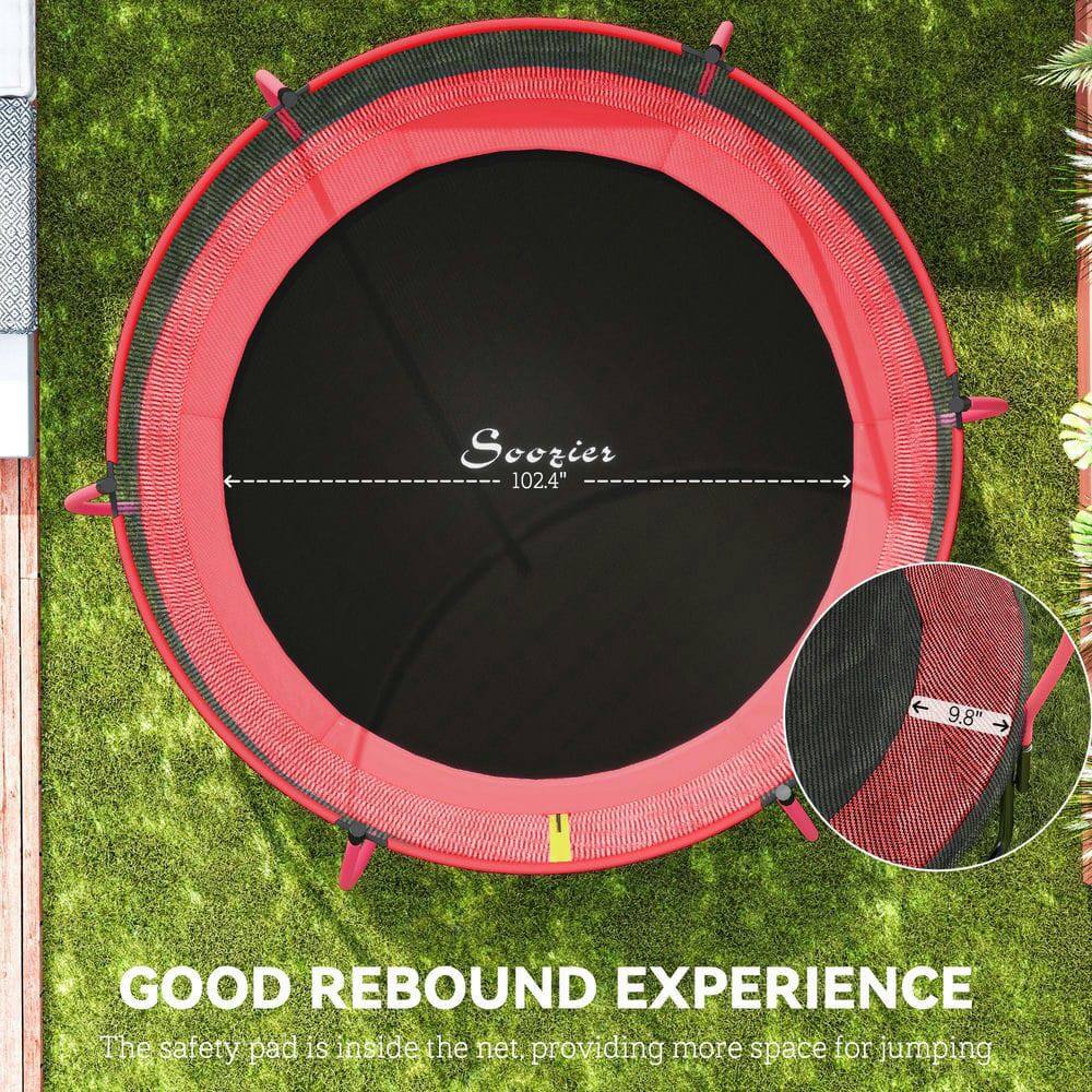 Sure, here is the corrected and grouped text from the image:

---

**Soorier 102.4" 9.8"**

**GOOD REBOUND EXPERIENCE**

The safety pad is inside the net, providing more space for jumping.

---

**Soorier**

102.4"

9.8"