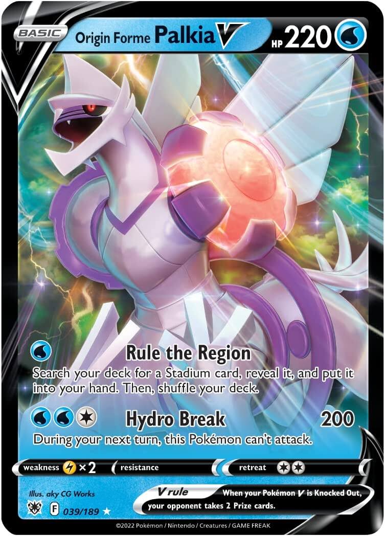 **Origin Forme Palkia V**

- **HP:** 220

**Rule the Region**
- Search your deck for a Stadium card, reveal it, and put it into your hand. Then, shuffle your deck.

**Hydro Break**
- 200
- During your next turn, this Pokémon can't attack.

**Weakness:** ×2 (Lightning)
**Resistance:** None
**Retreat Cost:** 2 (Energy)

**Vrule**
- When your Pokémon V is Knocked Out, your opponent takes 2 Prize cards.

**Illustration:** aky CG Works
**Set:** F (Fate of the Grand Pokémon)
**Card Number:** 039/189

©2022 Pokémon / Nintendo / Creatures / GAME FREAK