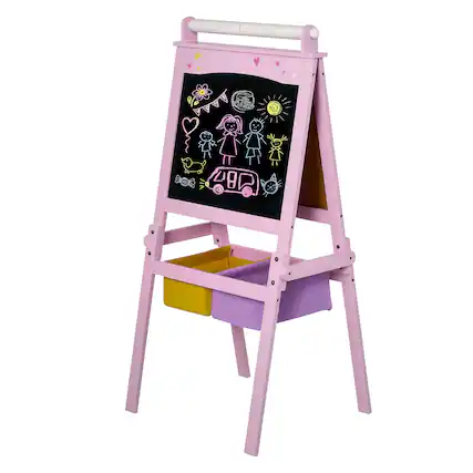 Front. Qaba - 3 In 1 Kids Wooden Art Easel with Paper Roll, Double-Sided Chalkboard & Whiteboard, Storage Baskets, Gift.