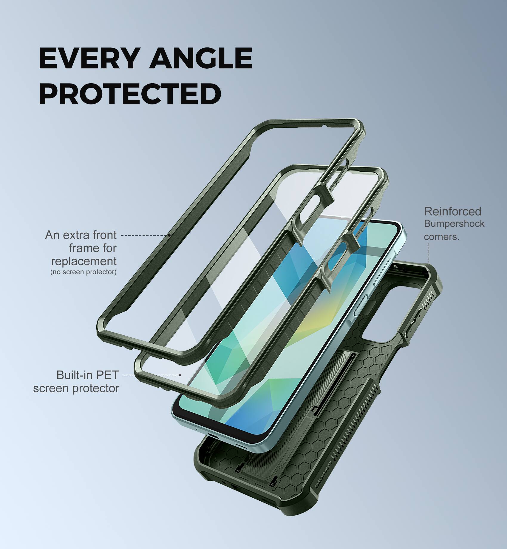 EVERY ANGLE PROTECTED

An extra front frame for replacement (no screen protector)

Reinforced Bumpershock corners.

Built-in PET screen protector