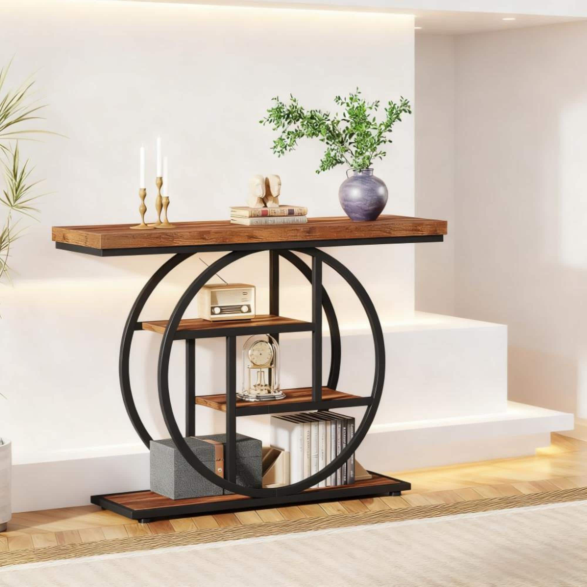 GOODSILO - Industrial Chic Narrow Console Table with Circle Base and Rustic Finish for Entryway and Living Room - Brown