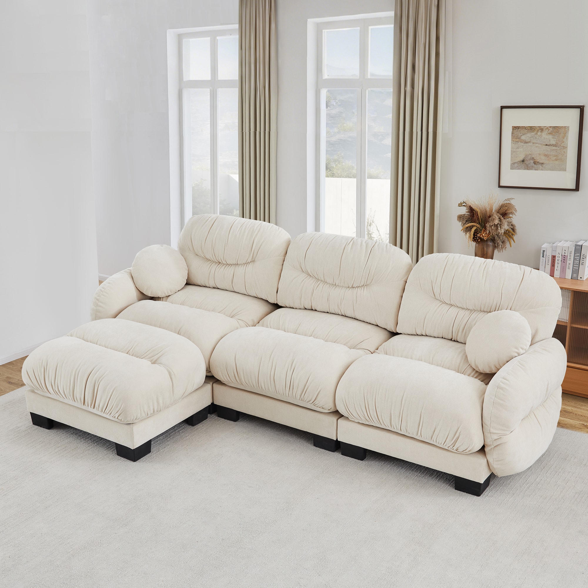 Anysun - 3 Seater L Shape Sectional Couch with Ottoman, Chenille Fabric, High-Density Foam & Curved Armrests for Living Room - Beige