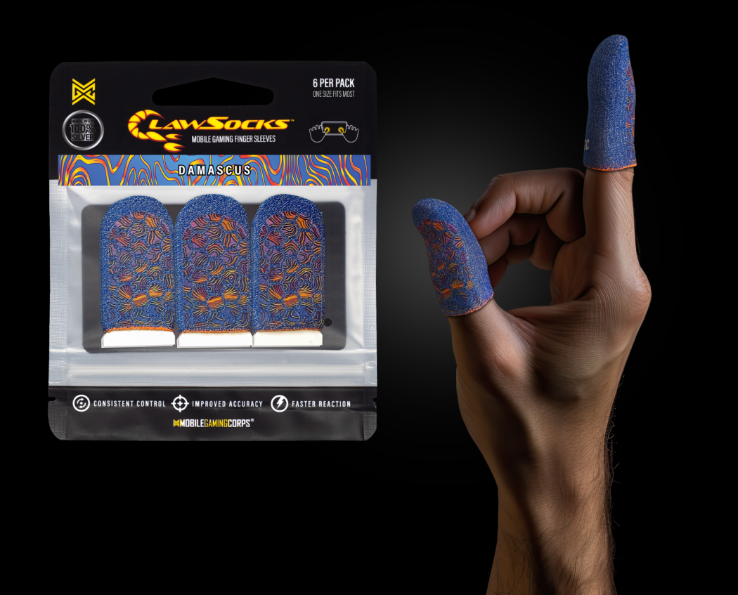 6 PER PACK  
ONE SIZE FITS MOST  

LAW SOCKS  
MOBILE GAMING FINGER SLEEVES  

DAMASCUS  

100% SILVER  

CONSISTENT CONTROL  
IMPROVED ACCURACY  
FASTER REACTION  

MOBILEGAMINGCORPS