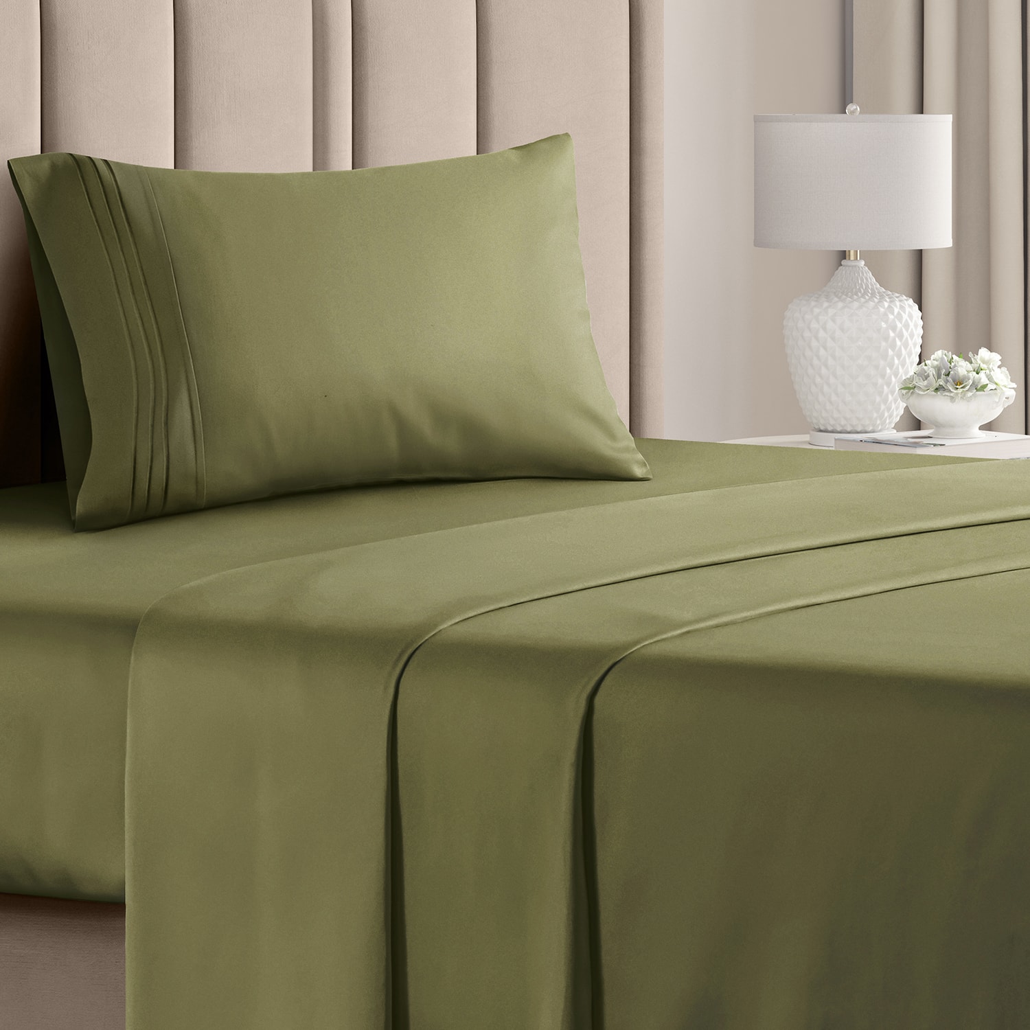 Front. CGK Linens - Luxury Soft 4 Piece Solid Bed Sheet Set - Deep Pocket Fits 8"-16" Mattresses - Twin - Sage Green.