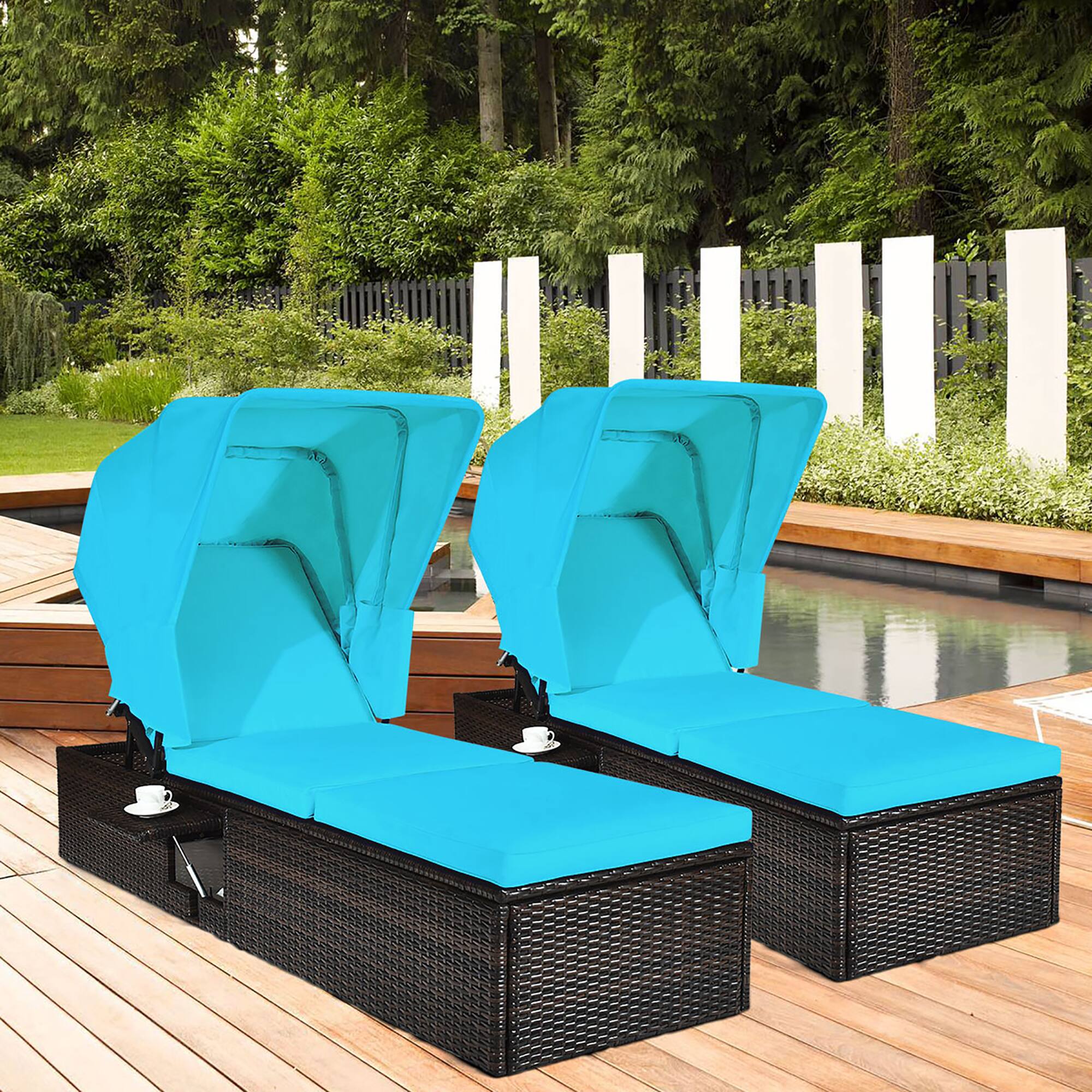 Alt View 1. Costway - Costway 2PCS Patio Rattan Lounge Chair Chaise Cushioned Top Canopy Adjustable - Turquoise.