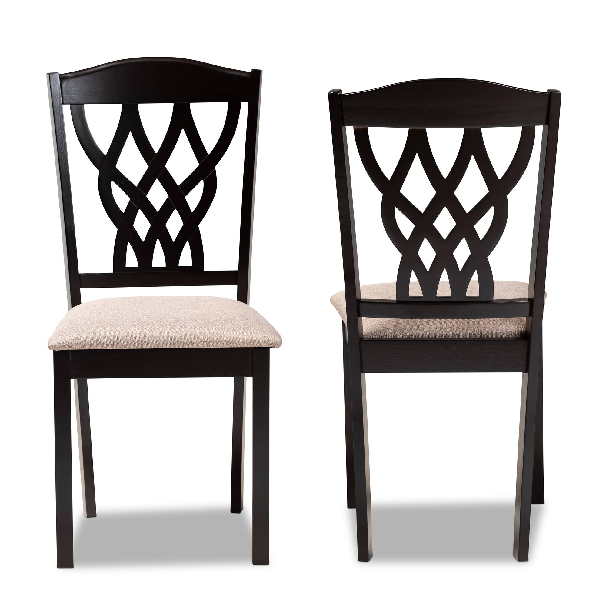Angle. Baxton Studio - Delilah Modern Fabric Upholstered and Finished Wood 2-Piece Dining Chair Set - Sand/Dark brown.