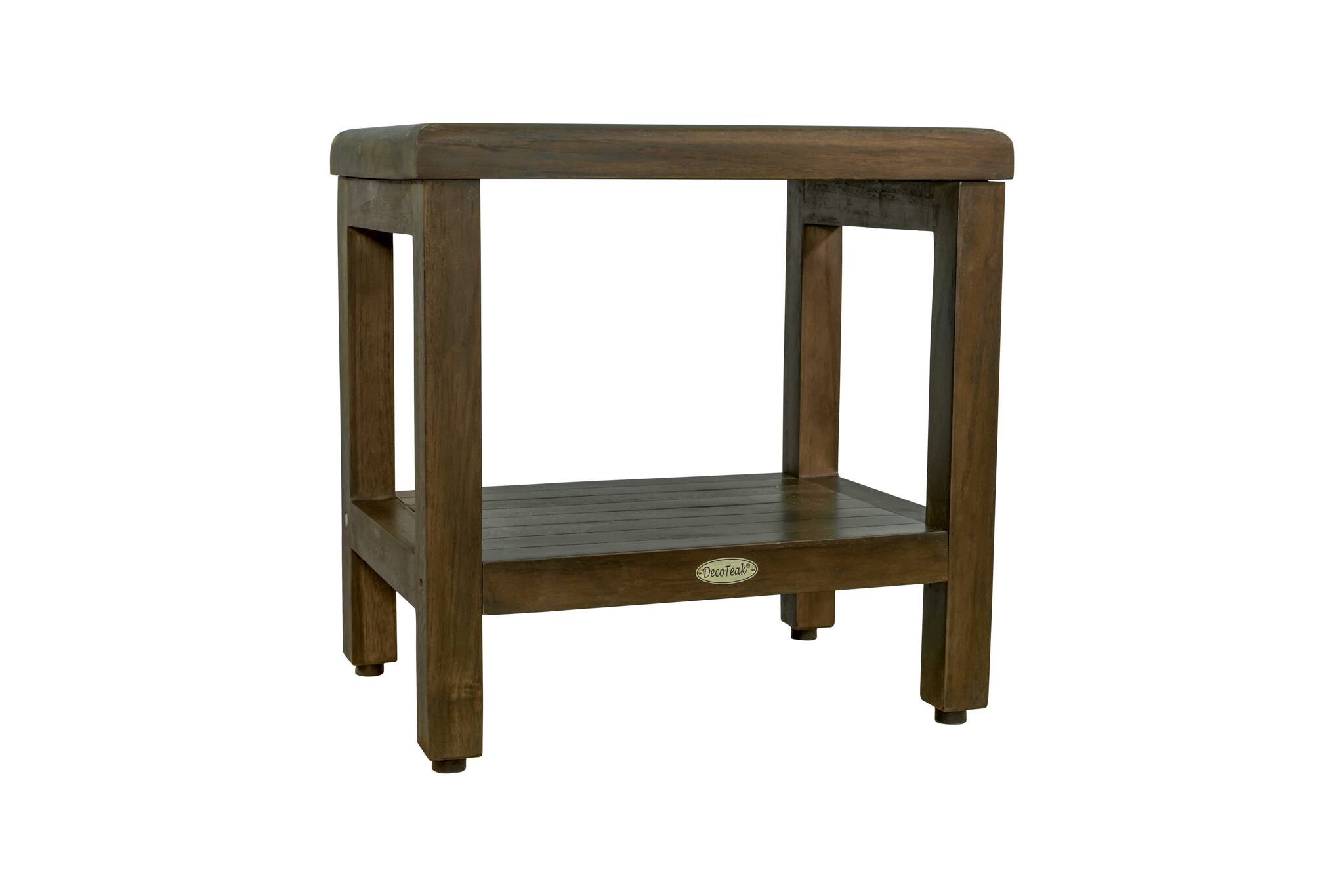 Angle. DecoTeak - DecoTeak Eleganto 18" Teak Wood Shower Bench with Shelf in Woodland Brown Finish - Woodland Brown.