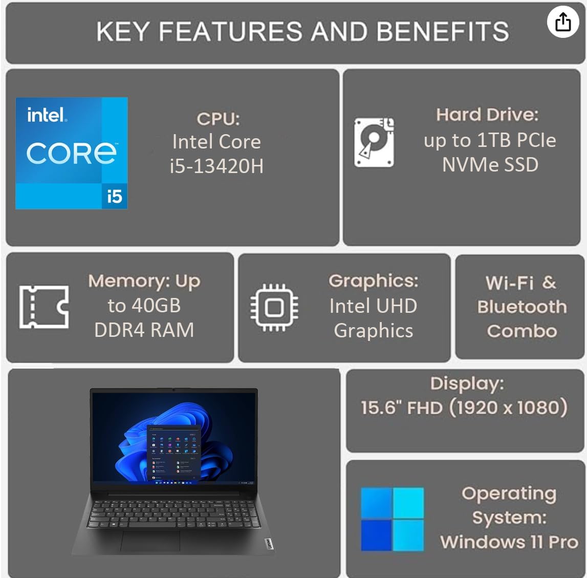 KEY FEATURES AND BENEFITS

CPU: Intel Core i5-13420H

Hard Drive: up to 1TB PCIe NVMe SSD

Memory: Up to 40GB DDR4 RAM

Graphics: Intel UHD Graphics

Wi-Fi & Bluetooth Combo

Display: 15.6" FHD (1920 x 1080)

Operating System: Windows 11 Pro