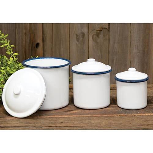 Angle. BreeBe - *3/Set Blue Rim Enamel Canisters - White , Blue.