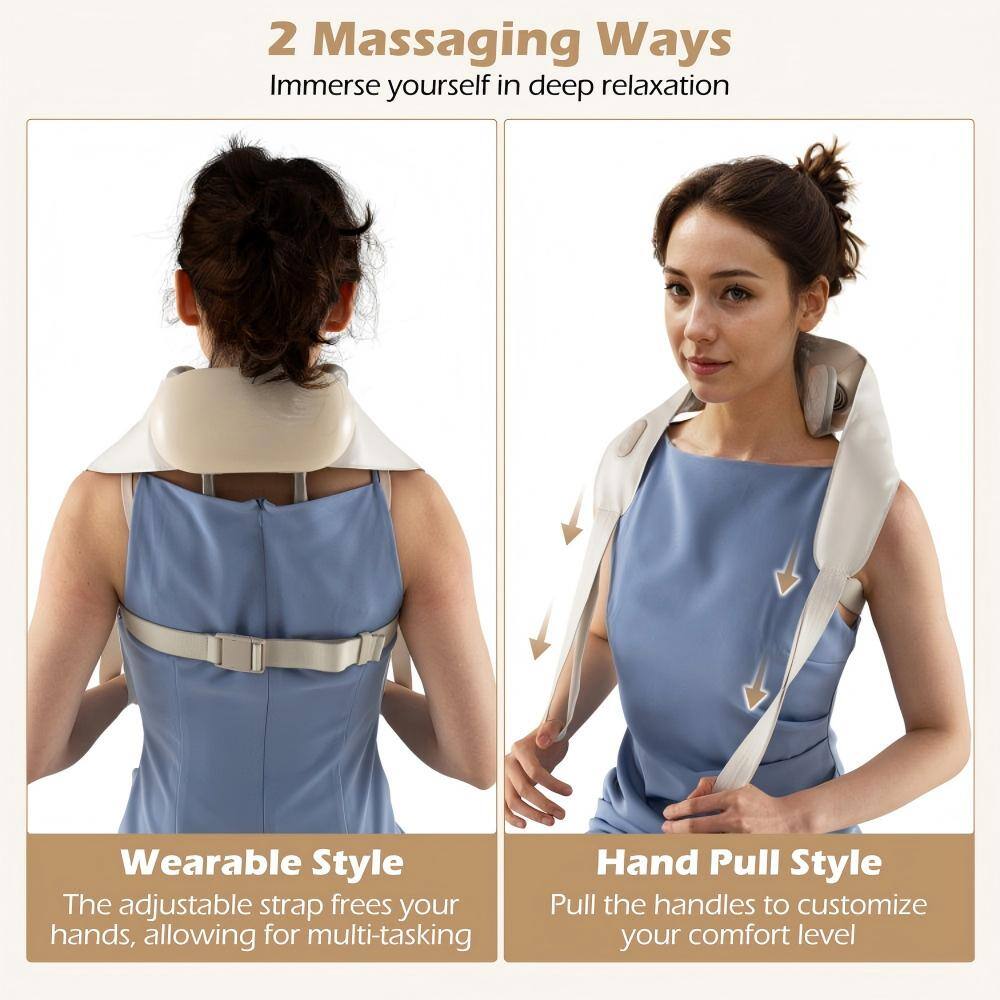 2 Massaging Ways  
Immerse yourself in deep relaxation  

Wearable Style  
The adjustable strap frees your hands, allowing for multi-tasking  

Hand Pull Style  
Pull the handles to customize your comfort level