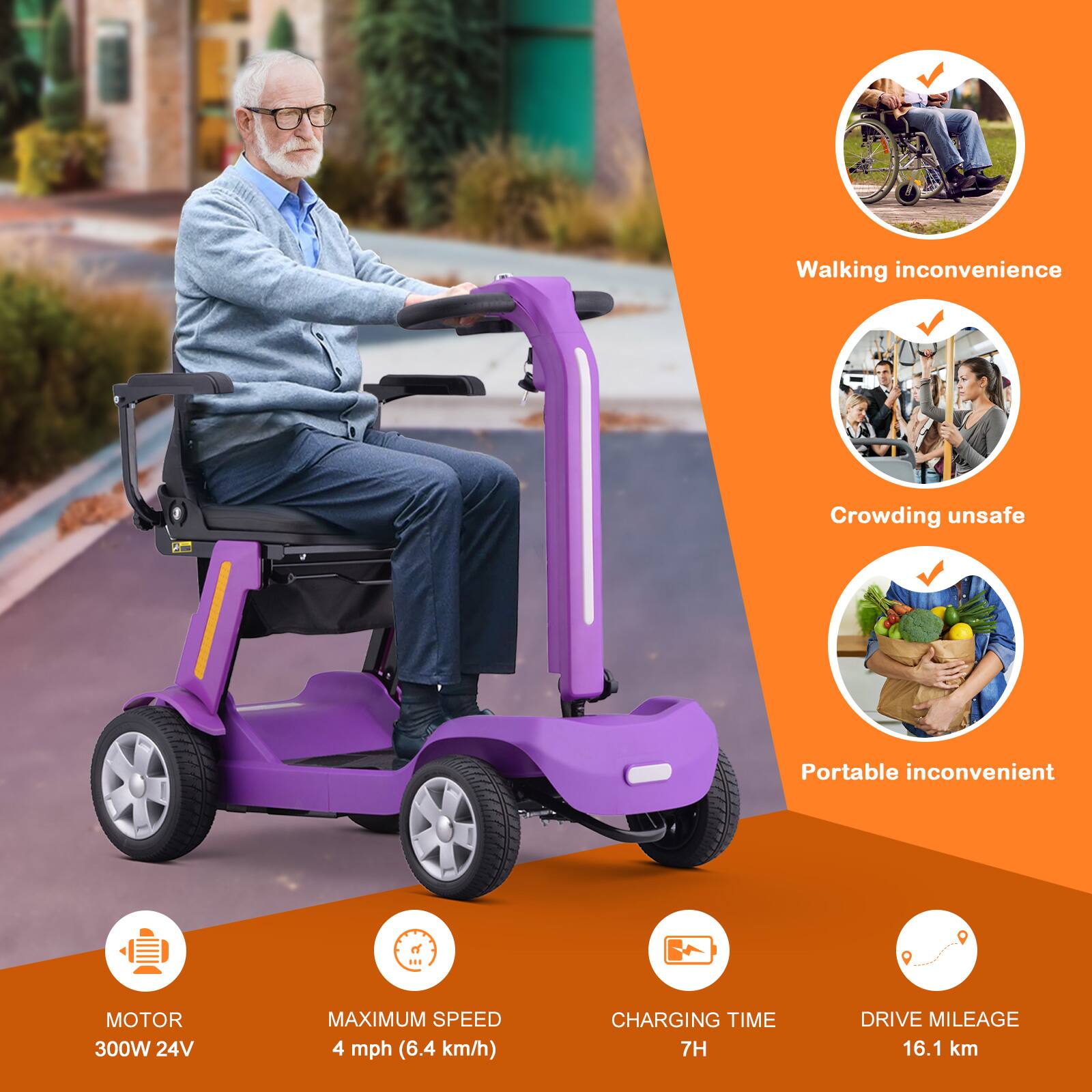 Walking inconvenience  
Crowding unsafe  
Portable inconvenient  

MOTOR  
300W 24V  

MAXIMUM SPEED  
4 mph (6.4 km/h)  

CHARGING TIME  
7H  

DRIVE MILEAGE  
16.1 km
