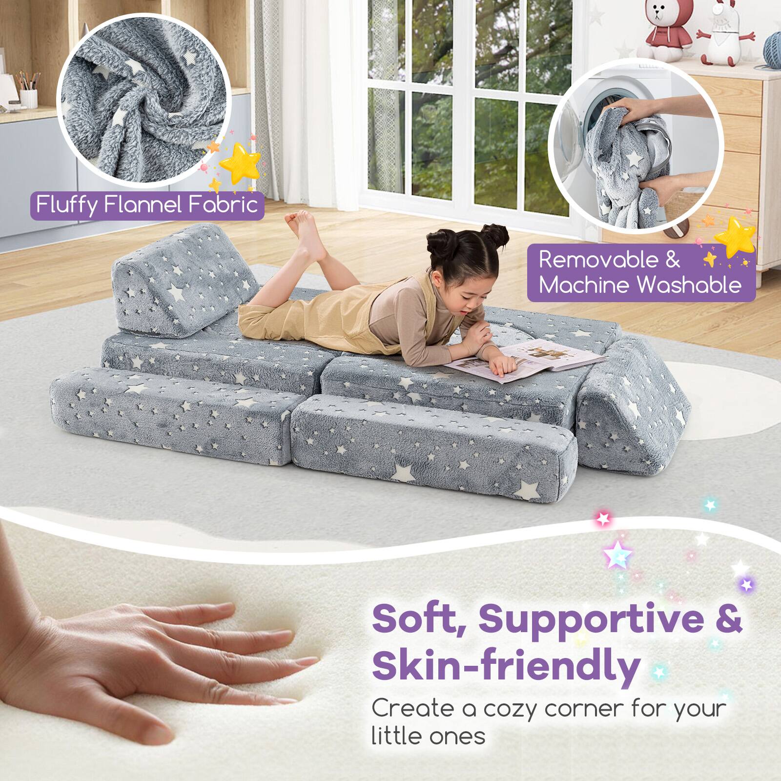 Fluffy Flannel Fabric  
Removable & Machine Washable  
Soft, Supportive & Skin-friendly  
Create a cozy corner for your little ones