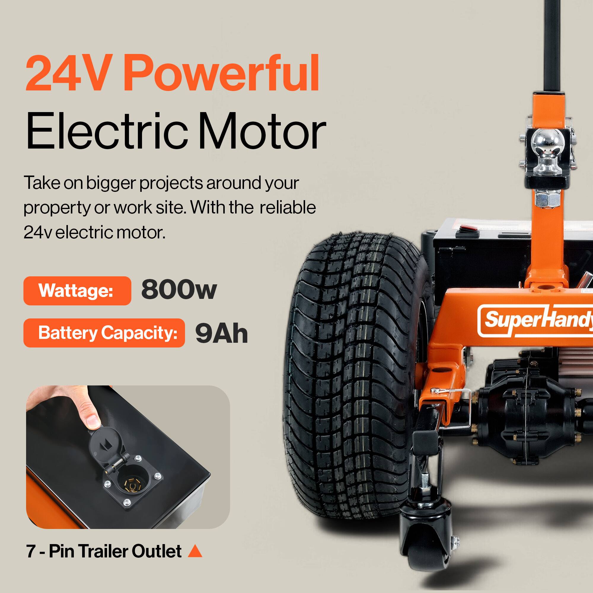 24V Powerful Electric Motor
Take on bigger projects around your property or work site. With the reliable 24v electric motor.
Wattage: 800w
Battery Capacity: 9Ah
7 - Pin Trailer Outlet