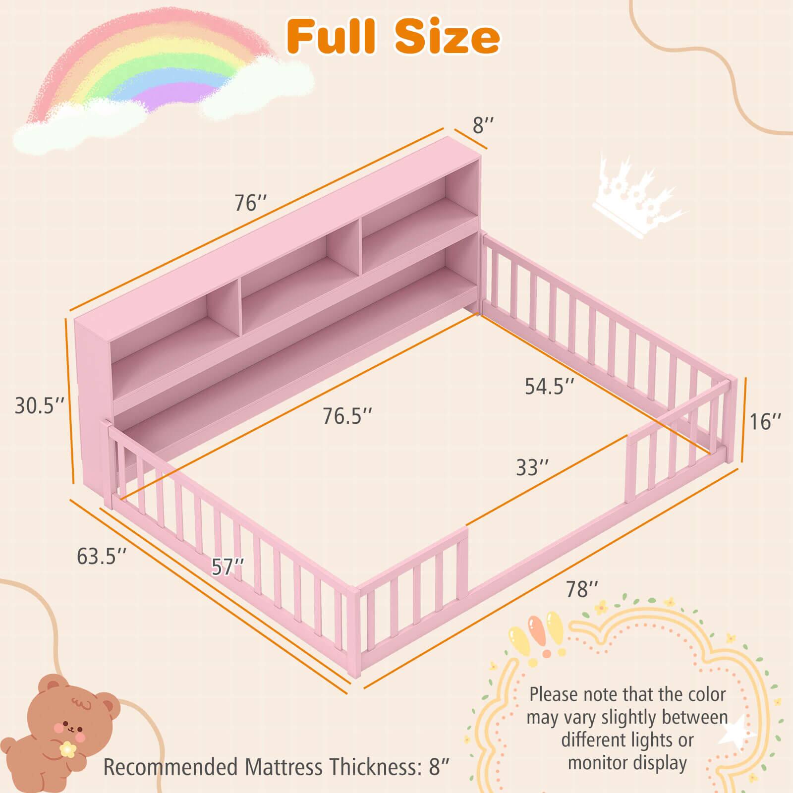 Alt View 2. Costway - Costway Full Size Montessori Floor Bed with Bookcase Storage Shelves & Safety Fence Rails - Pink.
