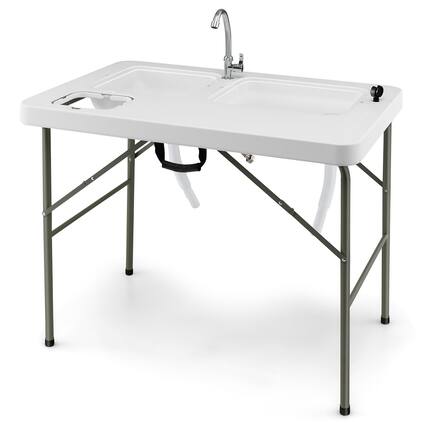 Front. Gymax - Gymax Folding Fish Cleaning Table w/ 2 Built-in Sinks & 360° Rotatable Faucet - White.