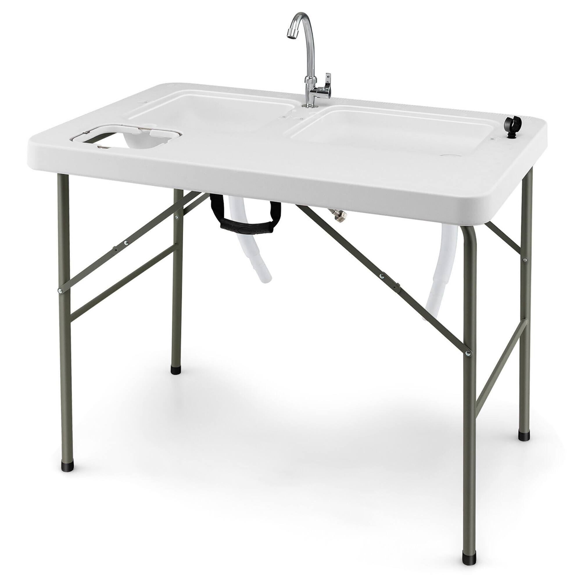Front. Gymax - Gymax Folding Fish Cleaning Table w/ 2 Built-in Sinks & 360° Rotatable Faucet - White.
