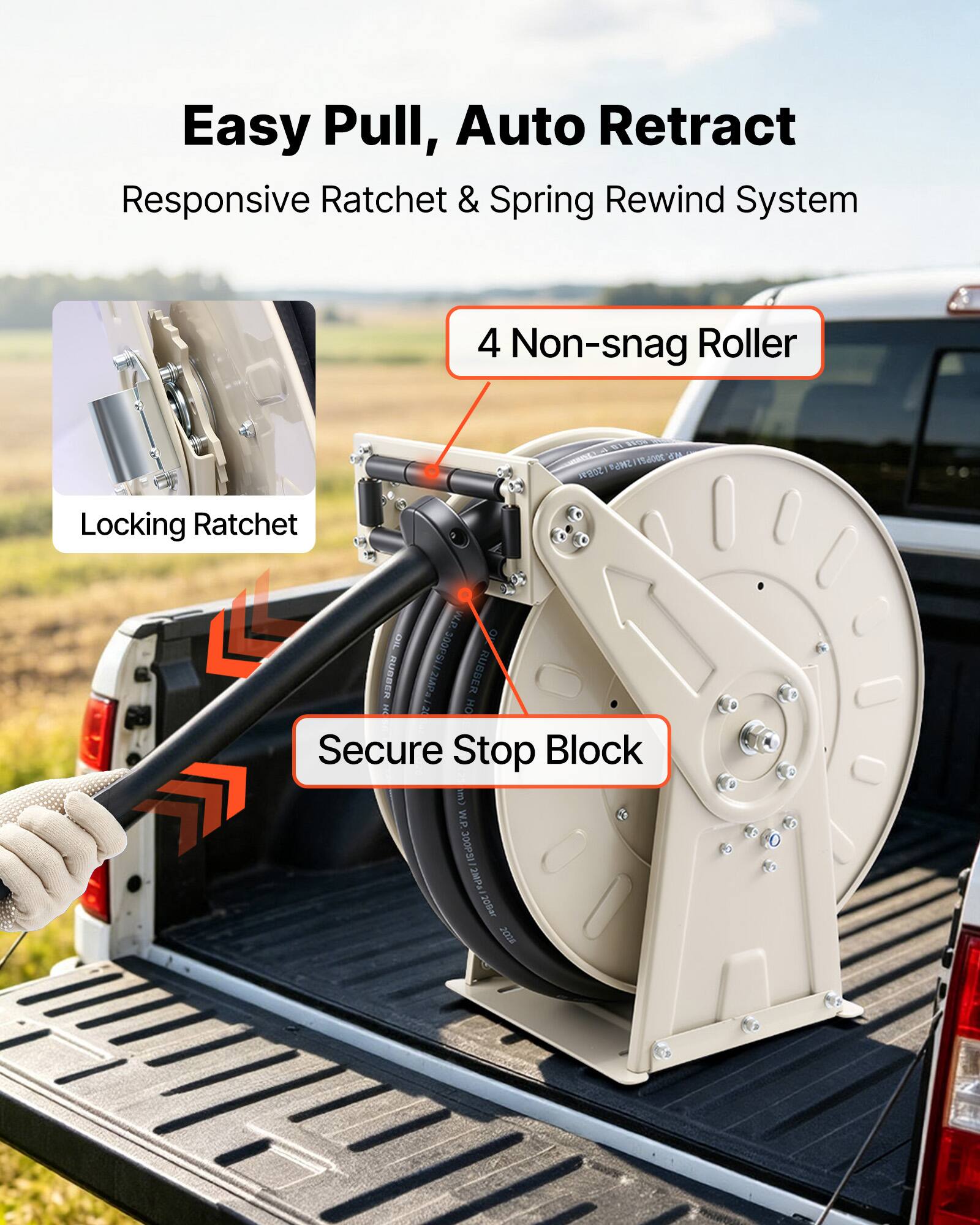 Easy Pull, Auto Retract Responsive Ratchet & Spring Rewind System  
4 Non-snag Roller  
Locking Ratchet  
Secure Stop Block