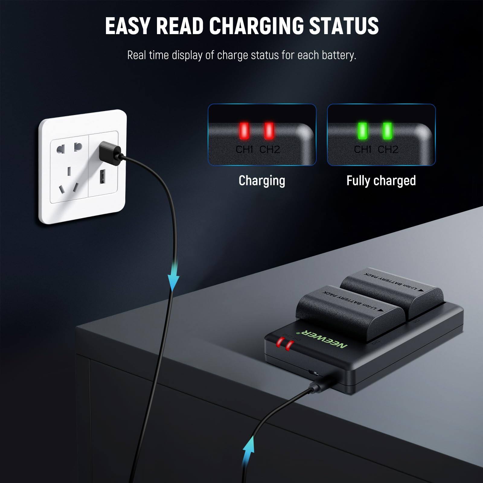 EASY READ CHARGING STATUS  
Real time display of charge status for each battery.  
CH1 CH2  
CH1 CH2  
Charging  
Fully charged