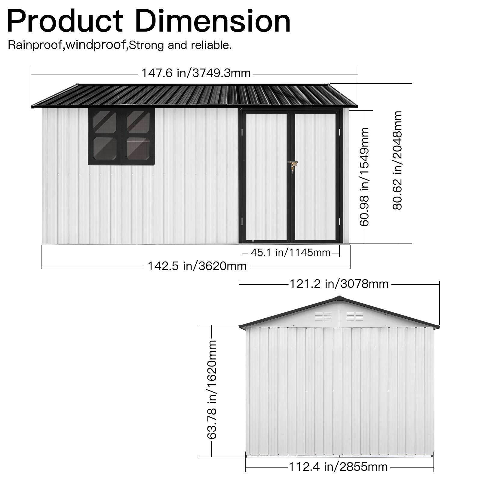 Product Dimension  
Rainproof, windproof, Strong and reliable.  

- 147.6 in / 3749.3 mm  
- 142.5 in / 3620 mm  
- 121.2 in / 3078 mm  
- 60.98 in / 1549 mm  
- 80.62 in / 2048 mm  
- 45.1 in / 1145 mm  
- 63.78 in / 1620 mm  
- 112.4 in / 2855 mm