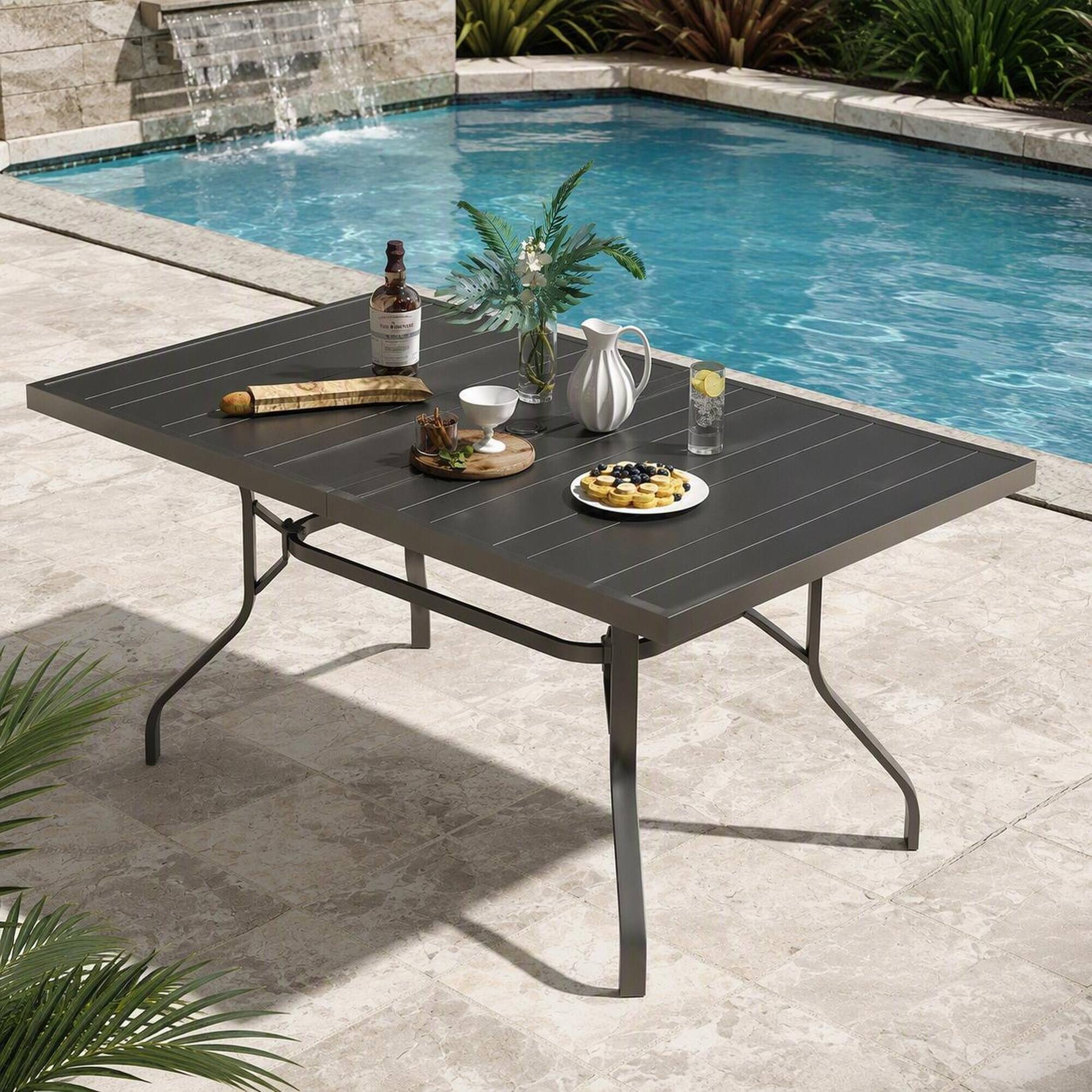 Alt View 1. RYHNUYNE - 60" Rectangle Outdoor Patio Dining Table,Metal Outdoor Table With Umbrella Hole for Garden Backyard Poolside - Black.
