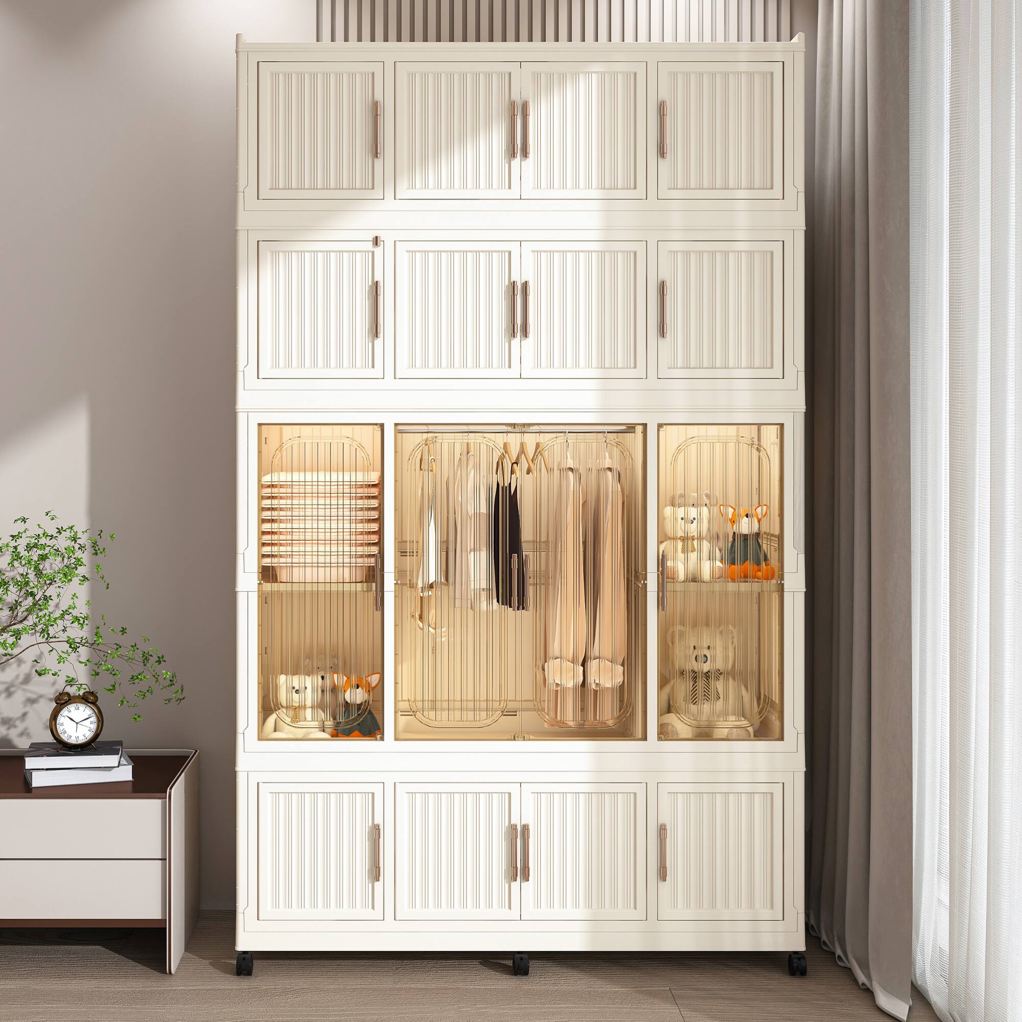 Left. GOODSILO - Portable Wardrobe Closet Storage Organizer with 17 Magnetic Doors, Multiple Cubes and Hanging Rod for Home Organization - Cream White.