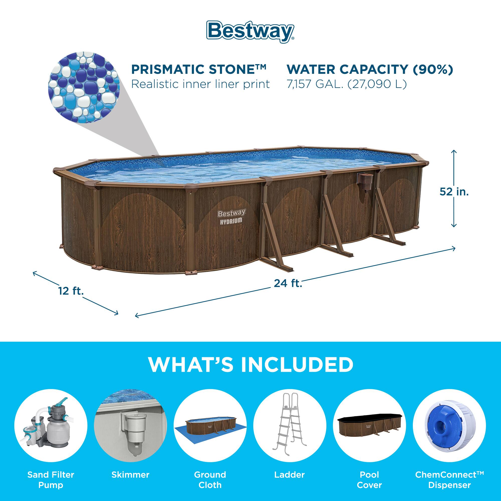 Bestway PRISMATIC STONE™  
Realistic inner liner print

WATER CAPACITY (90%)  
7,157 GAL. (27,090 L)

52 in.  
12 ft.  
24 ft.

WHAT'S INCLUDED  
Sand Filter Pump  
Skimmer  
Ground Cloth  
Ladder  
Pool Cover  
ChemConnect™ Dispenser