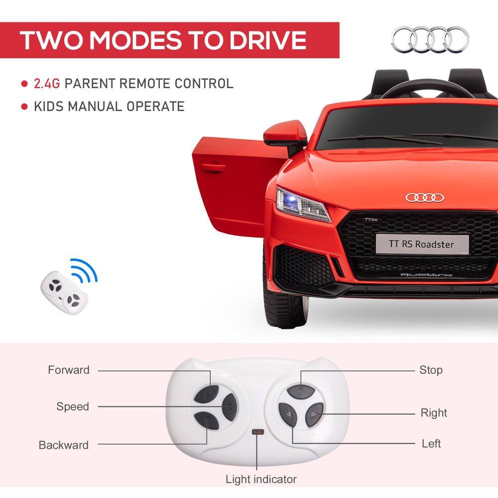 TWO MODES TO DRIVE

- 2.4G PARENT REMOTE CONTROL
- KIDS MANUAL OPERATE

TT RS Roadster

Forward
Speed
Backward
Stop
Right
Left
Light indicator