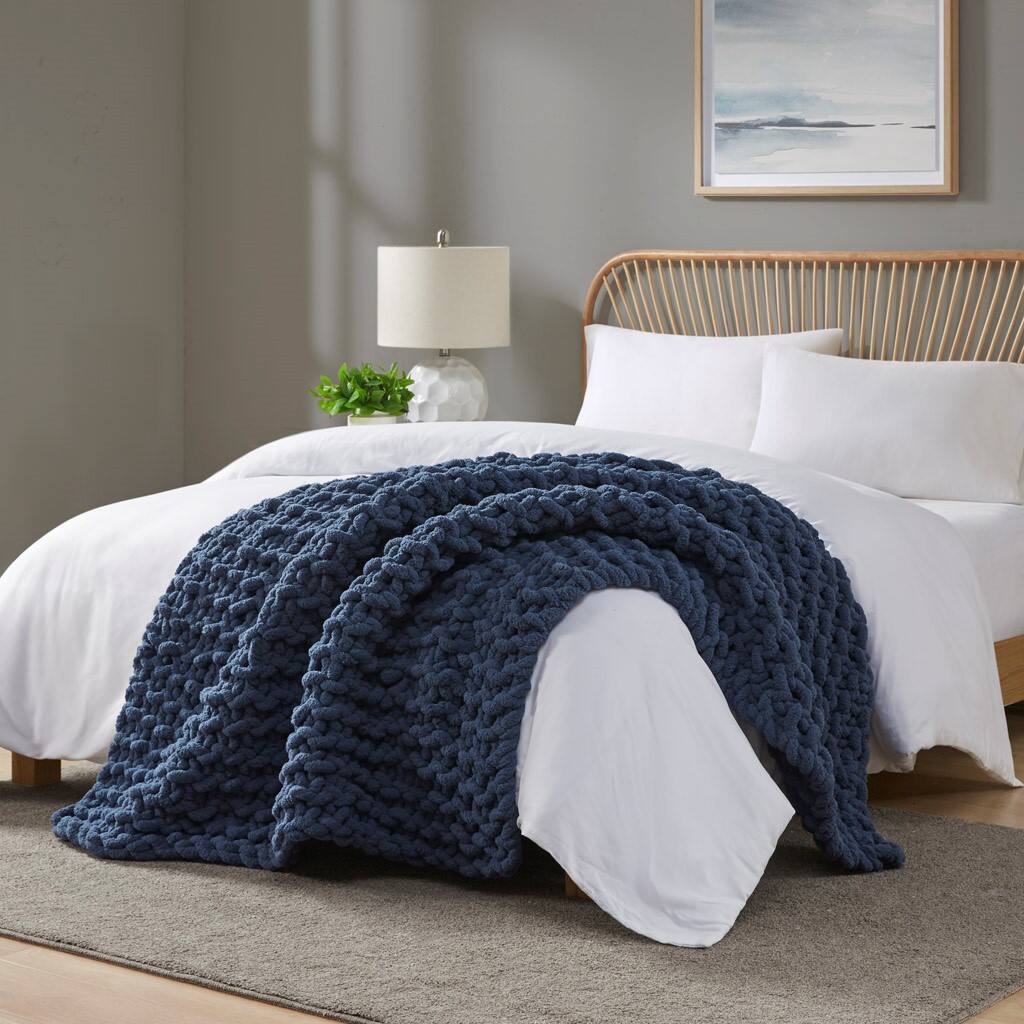 Alt View 2. Gracie Mills - Gracie Mills Dana Handmade Chenille Chunky Knit Throw Blanket - Navy Blue.