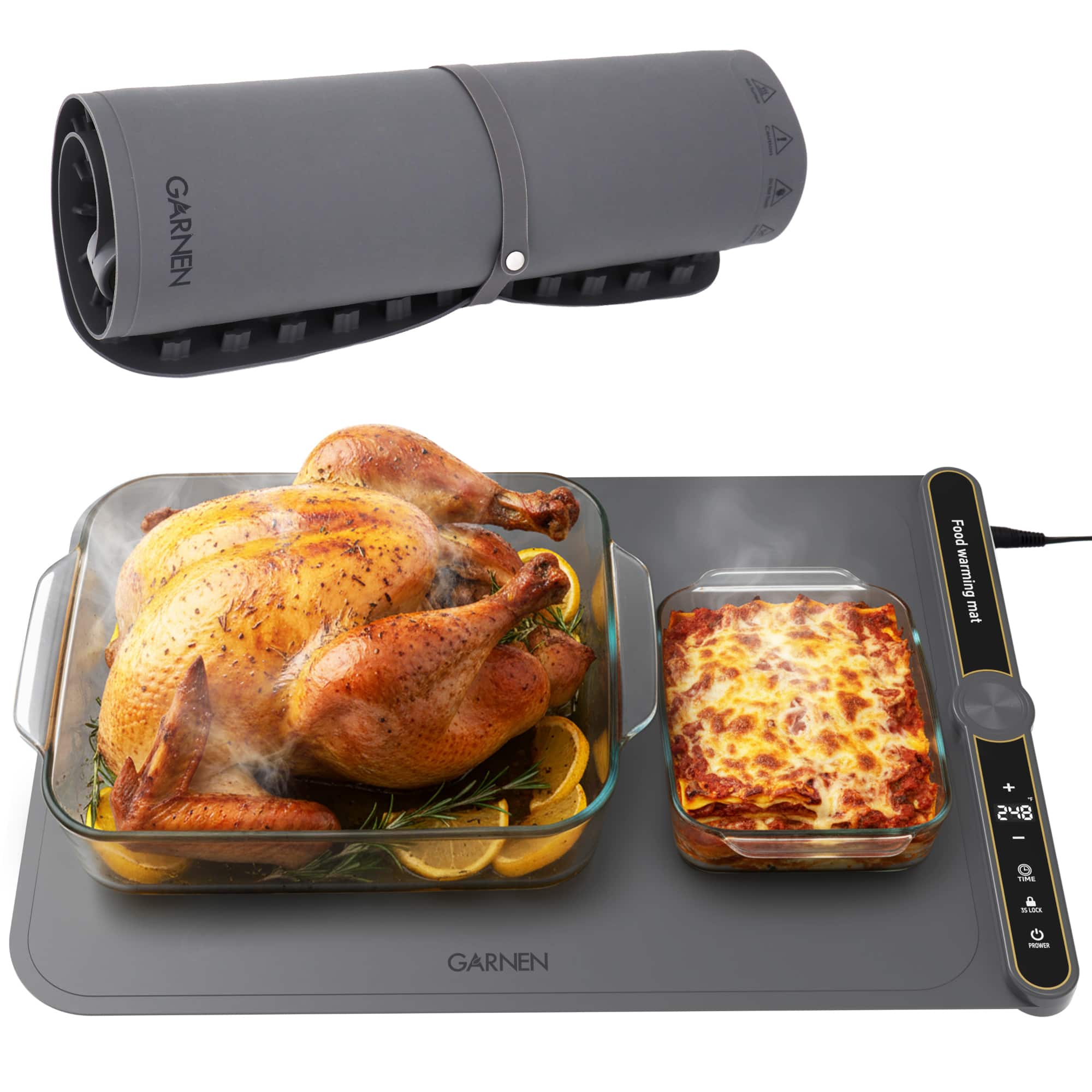 Garnen - Warming Mat for Food Extra Large 23"x15", Electric Silicone Food Warmer Mat Trays 9-Level Temp 8-Hour Timer Mat - Gray