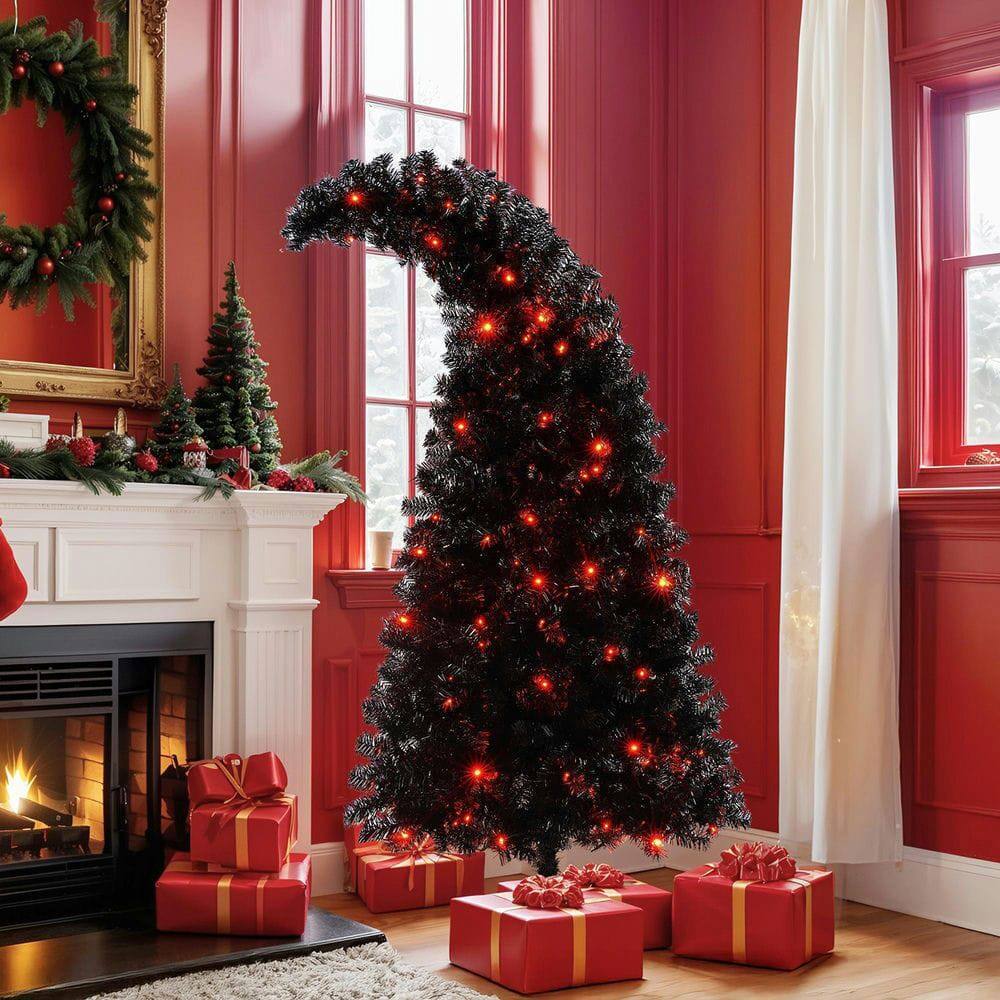 Front. Resenkos - 6ft Pre-Lit Artificial Christmas Tree, Features a Unique Curved Shape and 900 Lush Branch Tips, Black - Black.