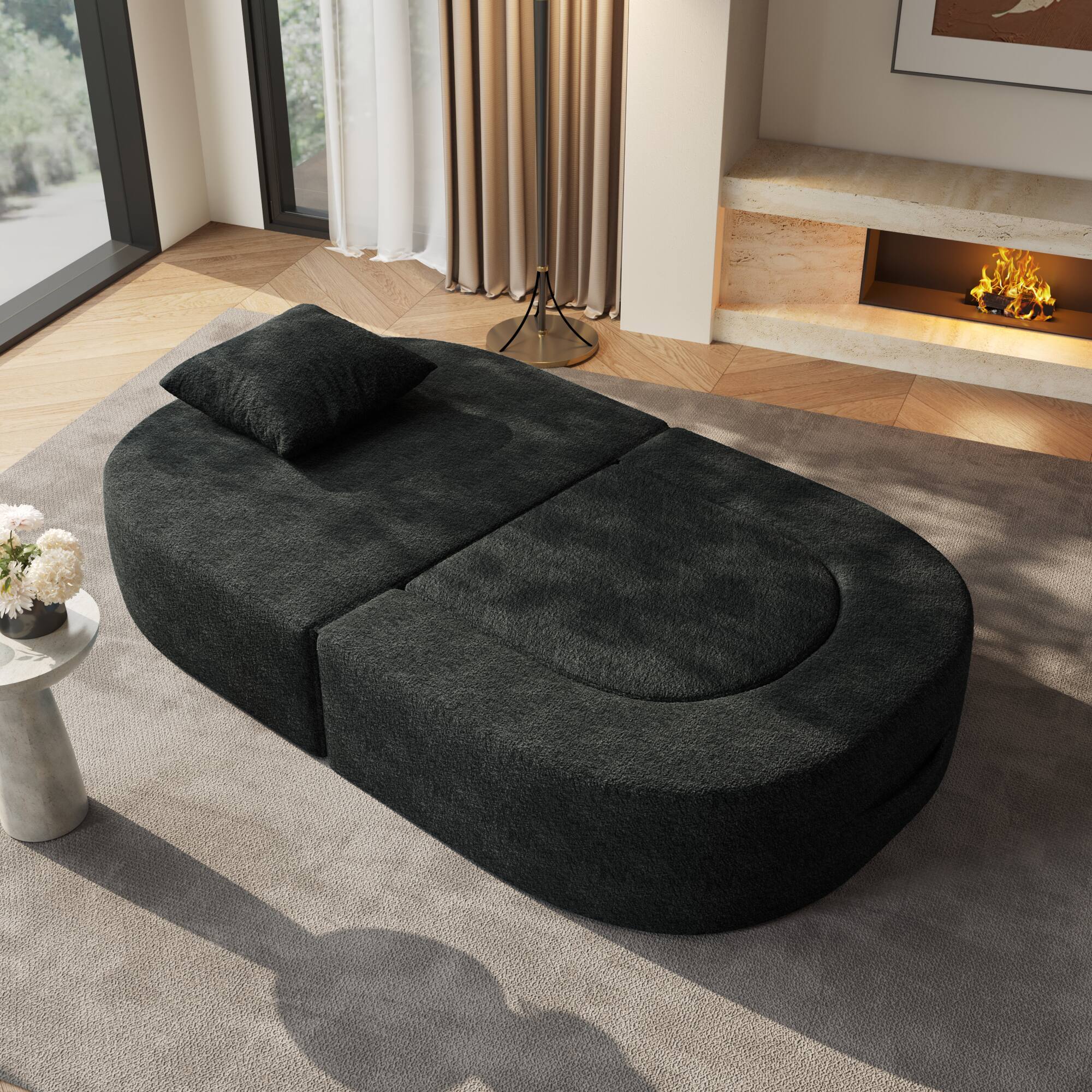 Back. Yardgrace - Boneless Sofa Chair Lounge Chair for Living Room, Modern Convertible Upholstered Sofa, Comfy Sherpa Leisure Couch - BLACK.