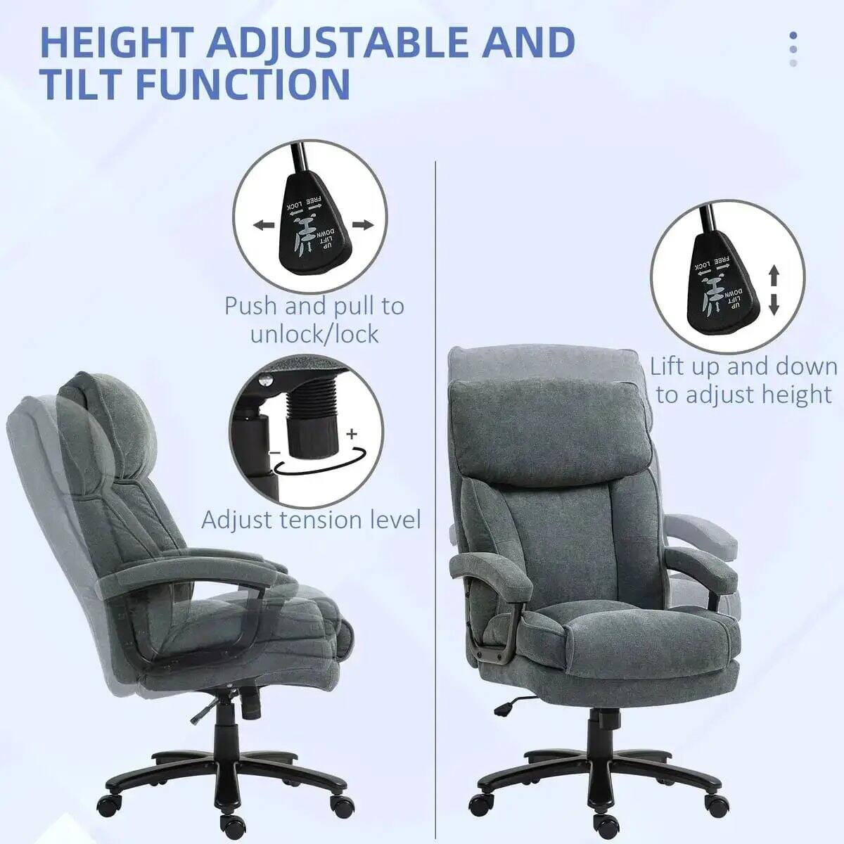 HEIGHT ADJUSTABLE AND TILT FUNCTION:  
- Push and pull to unlock/lock  
- Lift up and down to adjust height  
- Adjust tension level