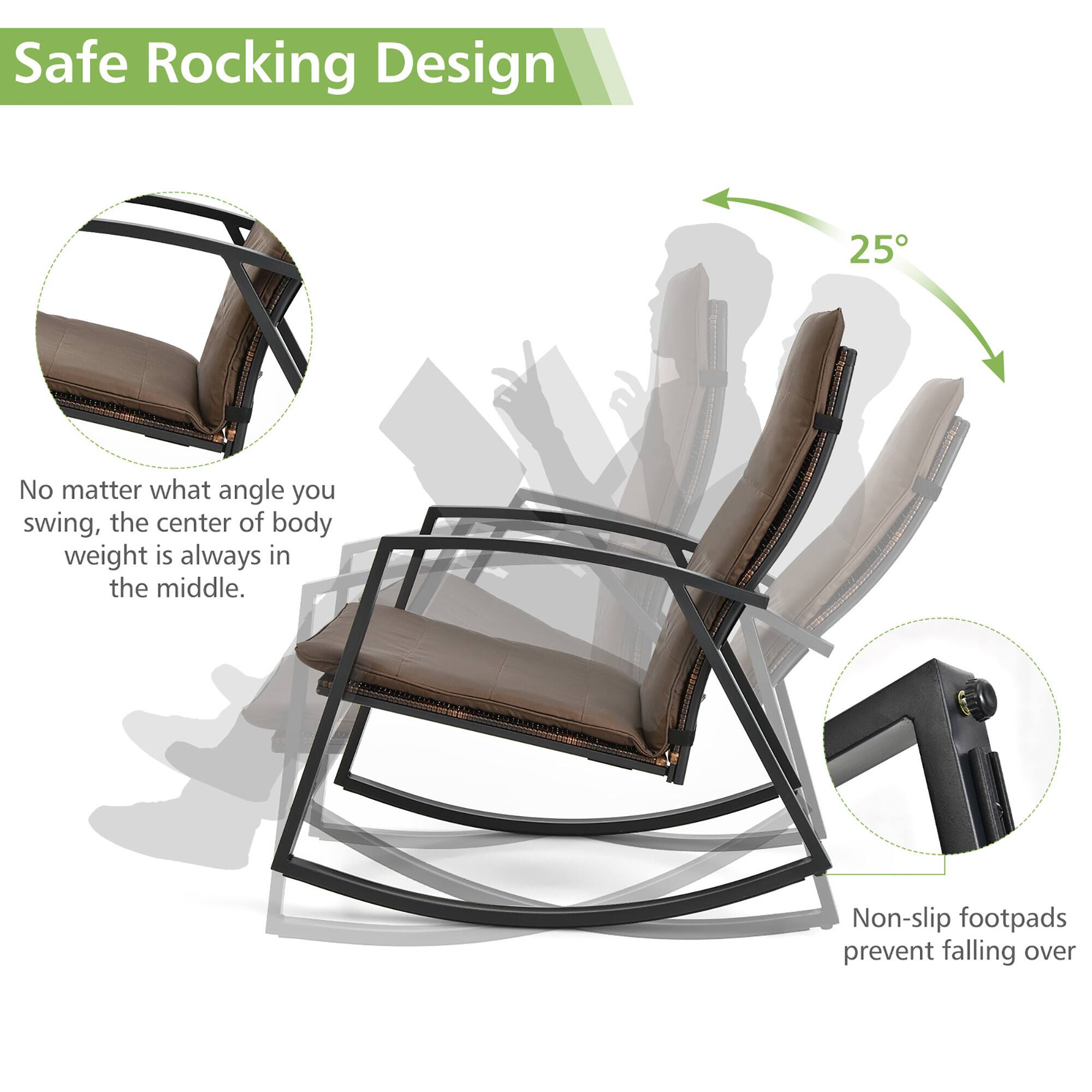 Safe Rocking Design

No matter what angle you swing, the center of body weight is always in the middle.

25°

Non-slip footpads prevent falling over