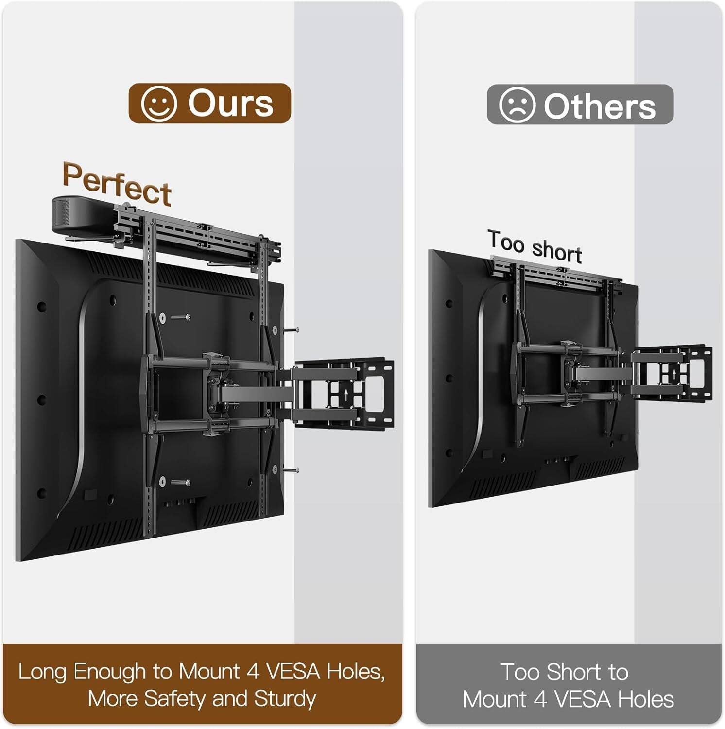 Ours  
Perfect  
Long Enough to Mount 4 VESA Holes, More Safety and Sturdy  

Others  
Too short  
Too Short to Mount 4 VESA Holes