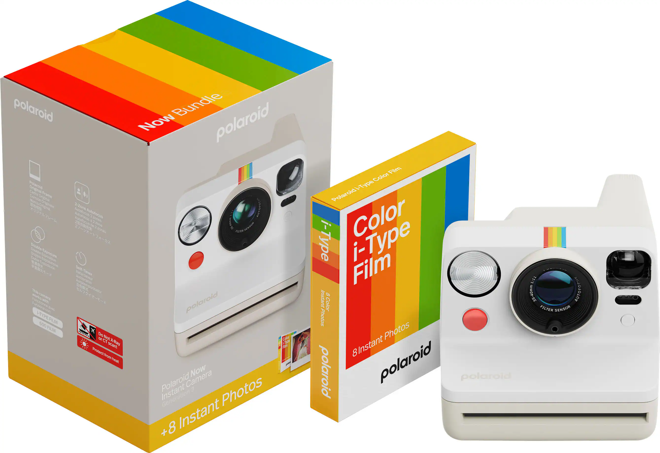 Polaroid - Now Gen 3 Instant Camera + Color Film Bundle (8 Photos) - Pebble White